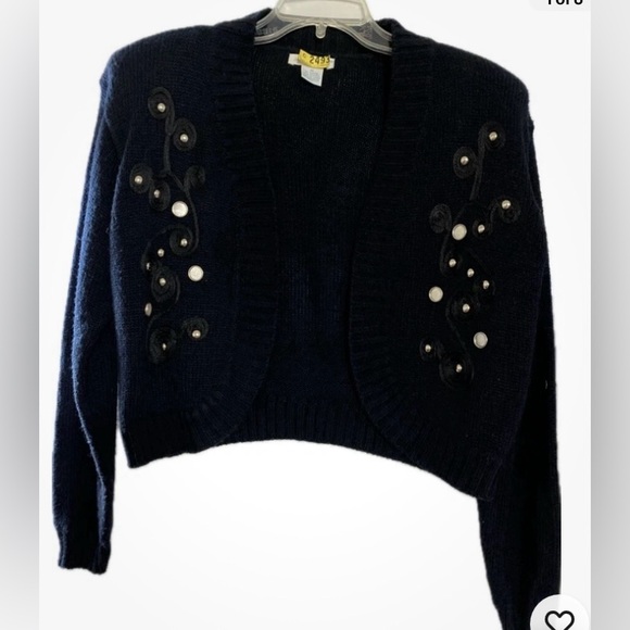 Vintage 90s Jamie Scott Knit Shrug Cardigan Black Embroidered Grommets M - Picture 2 of 6